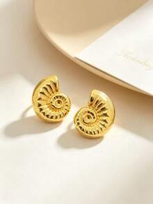 1Pair Vintage Gold-Tone Spiral Seashell Stud Earrings, Hypoallergenic Stainless Steel, Nautical Retro Style For Daily/Date/Party Wear - Multicolor - View 4