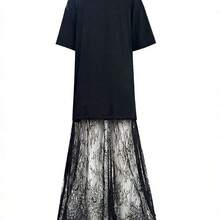 Vestido casual de mujer con parches de encaje de manga corta (sin cinturón), vestido de punto de unicolor con parches de encaje para uso diario, oficina, citas. La longitud y el tamaño se pueden ajustar con un cinturón. El estilo casual es ligeramente grande, se recomienda pedir una talla menos. Elegante negro - Blanco - Ver 8
