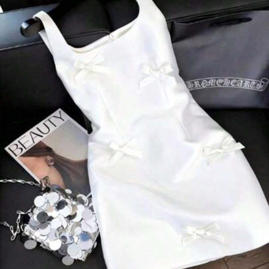 Vestido mini de estilo francés con tirantes de acetato y lazo, vestido elegante con cintura ceñida en color albaricoque, adecuado para fiestas, graduaciones, vacaciones, San Valentín, festivales de música, Día de la Madre, Acción de Gracias, Pascua, Día Nacional, bailes, citas, bodas, salidas - Blanco - Ver 1
