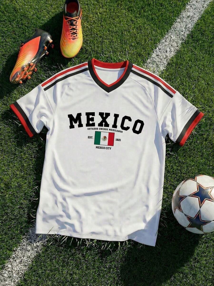 Men's And Women's 2026 World Cup Soccer Jersey, Printed With The Mexican National Flag And Coat Of Arms. It Symbolizes Mexico's Passion And Sporting Pride In The World Cup Tournament. This Loose-Fitting Jersey Is Perfect For Wearing On Independence Day And Also Makes A Great Gift For Soccer Fans. - 白色 - 查看 1