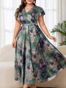 Reflora Vestido floral elegante para mujer de talla grande, vestido de verano para boda - Verde 2 - Ver 11