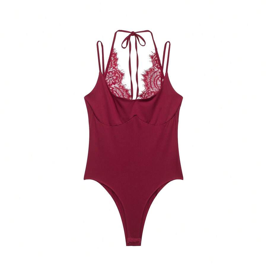 THREADLY Summer New Women's European & American Style Fashion Sexy Contrast Lace Halter Neck Bodysuit - Burgundy - View 1