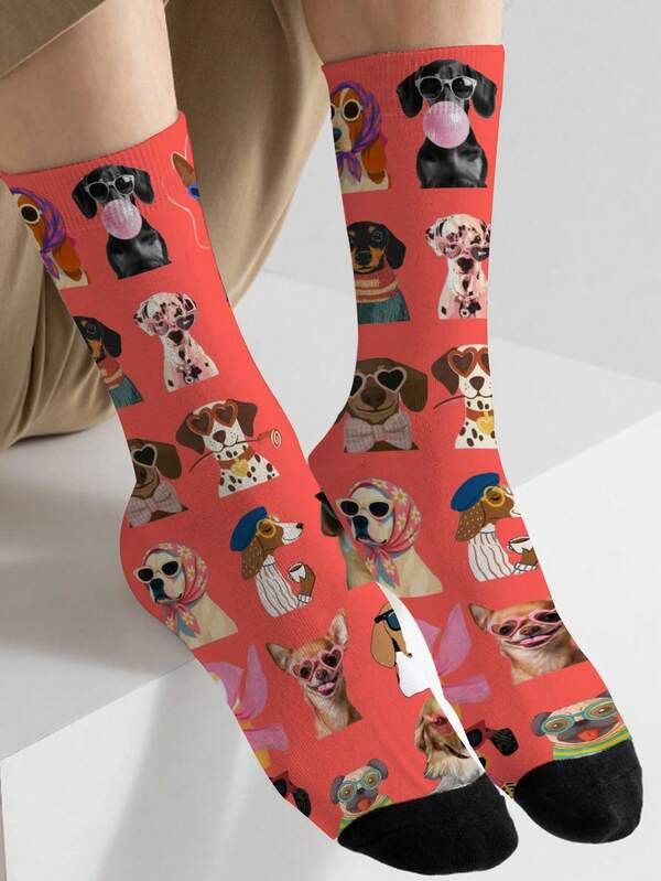 1 Pair 360° Full Coverage Printed Mid-Calf Socks, Unisex Cute Puppy Print Casual Breathable Socks, Neutral Style Harajuku Seamless Printed Novelty Mid-Calf Socks, Suitable For Boys Gift, Suitable For Anniversary, Easter, Mother's Day, Valentine's Day, Father's Day Gift, Bridal Gift, Suitable For Couples, New Spring/Summer Women's Long Socks, Suitable For Daily Wear, Office, Vacation, Outdoor Sports, Special Occasions