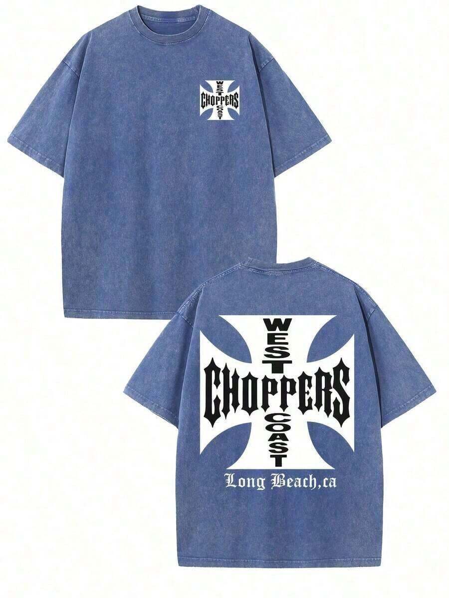 WEST COAST CHOPPERS Men's Retro Streetwear T-Shirt - 230g Washed Cotton, Double-Sided Print, Loose-Fitting Drop-Shoulder Short-Sleeved T-Shirt With A California Long Beach Graphic.Perfect For Casual Summer Wear And As A Gift.High-Quality Fabric, Versatile Printed T-Shirt. - 藍色 - 查看 1