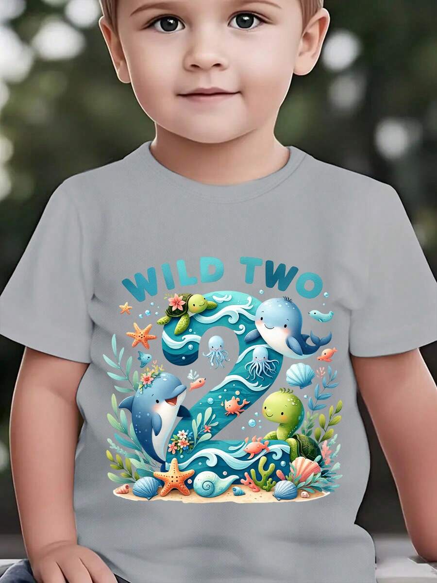 Fashionable 'Wild Two' Short-Sleeved T-Shirt For Children From The 'Birthday Series' Featuring Cartoon Prints Of Marine Animals Such As Dolphins, Turtles, Octopuses, Seahorses, Starfish And Shells, Suitable For Casual Outdoor Wear NY-DX9479 - 灰色 - 查看 1