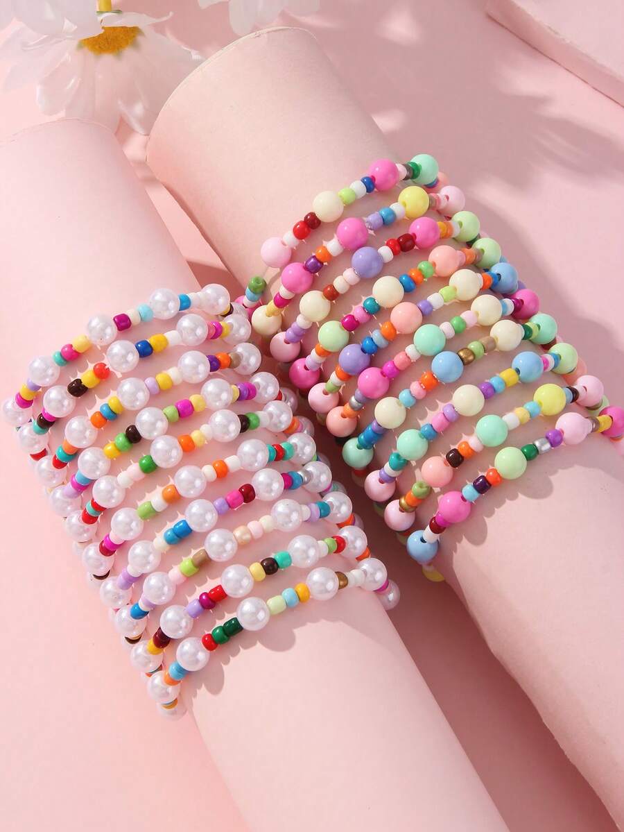 10pcs/Set Girls Colorful Glass Bead Bracelet & Bangle Jewelry Set, Suitable For Holiday Party, School, Daily Wear, Random Color Beads - Multicolor - View 1