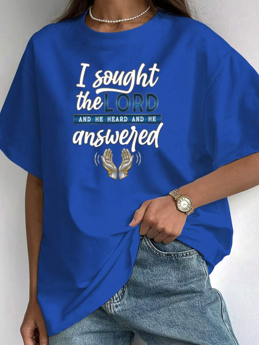 Women's Short-Sleeved T-Shirt, Available In Five Colors. Women's Bible Verse Themed T-Shirt, New Summer Style, "I Seek The Lord" Print T-Shirt, Short-Sleeved Crew Neck T-Shirt With Christian Testimony, 100% Cotton - 藍色 - 查看 1