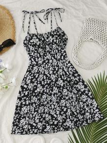 Women's Short Cami Dress With Ruched Bust And Bow Detail At The Front With Small Floral Print - Pearl White - View 1