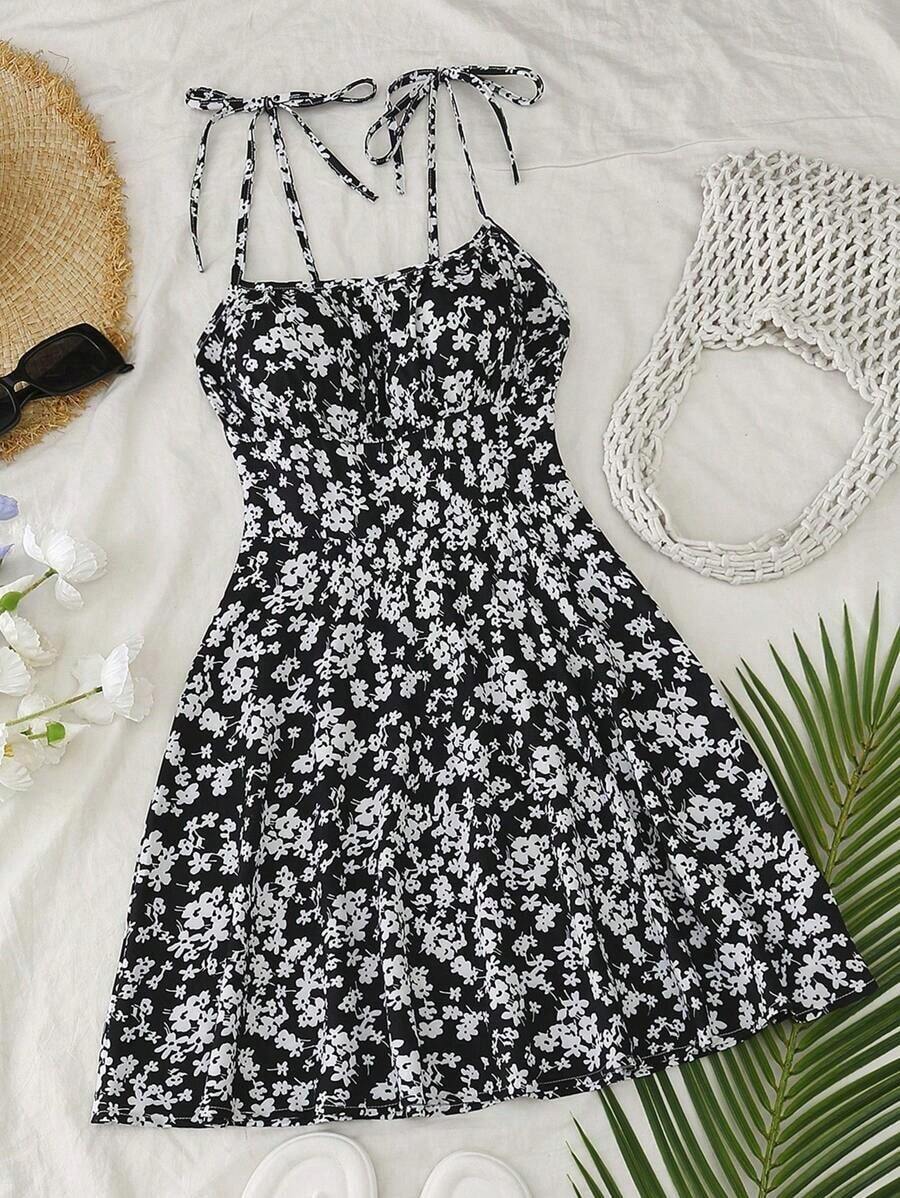 Women's Short Cami Dress With Ruched Bust And Bow Detail At The Front With Small Floral Print - Pearl White - View 1