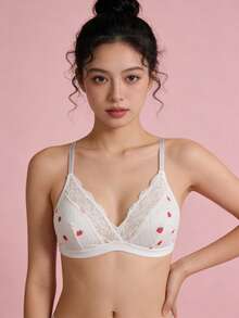 1pc Women's Cute Printed Lace Patchwork Wireless Unpadded Comfortable Triangle Cup Bra - White - View 2