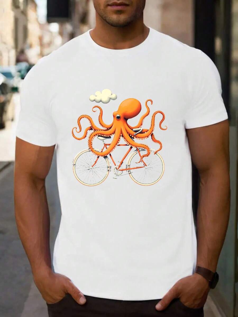 Men's Casual Short Sleeve T-Shirt With Octopus On Bicycle Print, Micro-Elastic Knit Fabric, Round Neck, Regular Fit, Suitable For Outdoor Activities, Comfortable And Breathable, Summer Season - 白色 - 查看 1