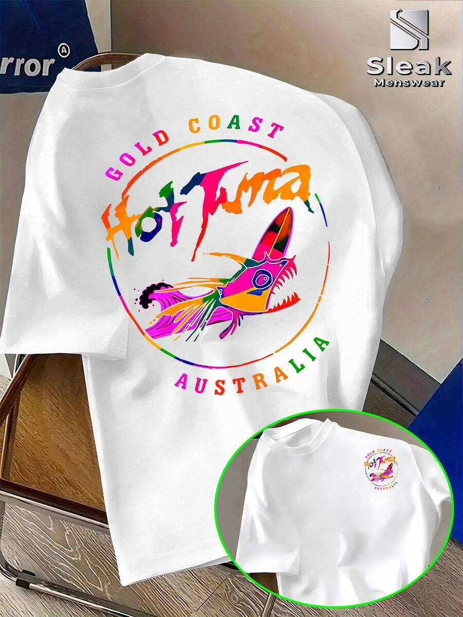 Camiseta de Manga Corta con Estampado de Marca de Moda, Estilo Australiana, Arte Abstracto, Ilustración Moderna, Transpirable, Delgada, Estilo Urbano, Prenda Básica Individual para Salidas Casuales Juveniles, Golden Coast. - Blanco - Ver 1
