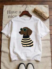 1 Piece Of Exquisite Printed Short-Sleeved Shirt, Fashionable Casual Shirt For Women, With A Lovely Cartoon Puppy Print, Comfortable And Soft Fabric, Suitable For Everyday Wear, Ideal For Street Photography, And For Sports And Fitness Activities. Unisex T-Shirts For Summer Outings 180g 100% Cotton - 白色 - 查看 12