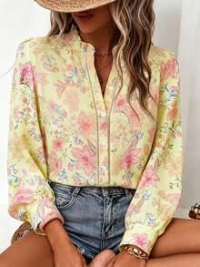 Blusa de manga larga con botones delanteros y estampado floral para mujer de talla grande, ideal para vacaciones - Amarillo - View 2