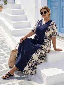 Plus Size Women Loose Patchwork Geometric Print Woven Fabric Dress, Suitable For Vacation, Daily Wear, Tea Party In Summer Elegant - Navy Blue - View 4