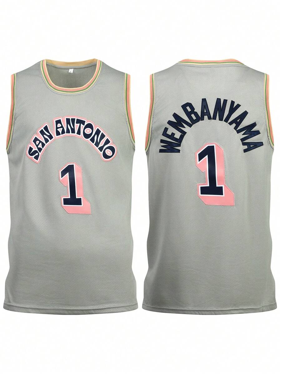 Atonmore 1pc Gray Embroidered Sleeveless Basketball Jersey, Men's Casual Sports Sweatshirt - Grey - View 1