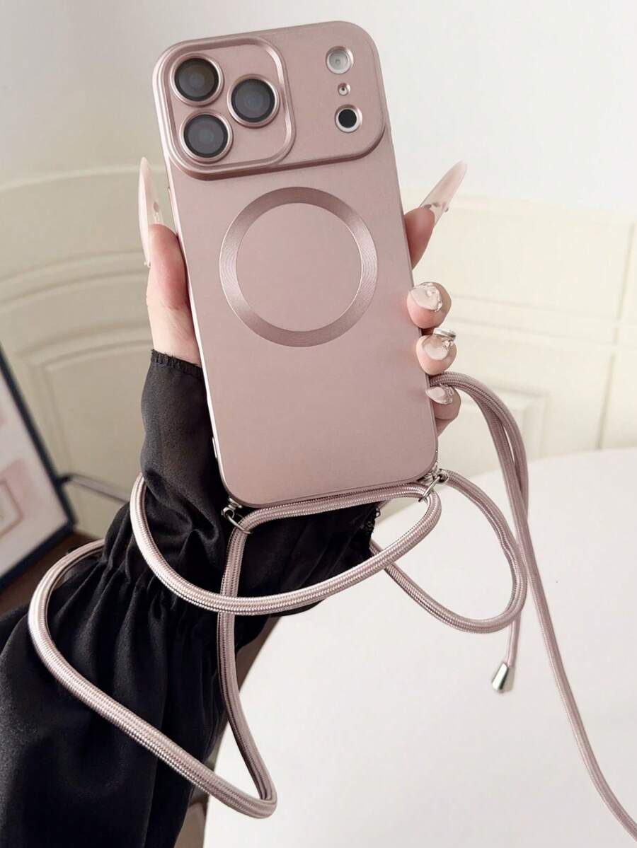 Funda de teléfono con cordón cruzado de lujo, compatible con iPhone 17 ProMax, 17Pro, 16, 15, 14 Plus, 13 Pro Max, con protección de lente de cámara y cubierta suave mate - Rosa - Ver 1
