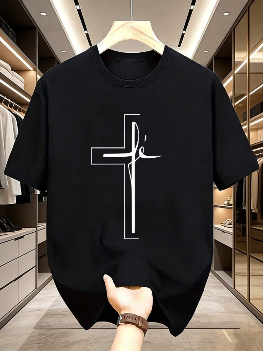 Men's Short Sleeve T-Shirt With Cross Faith Print Design - Modern Style With Regular Crew Neck - Black - View 1