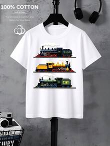 100% Cotton T-Shirt For Boys, With Vintage Steam Locomotive Design, Machine Washable, Suitable For All Seasons, Ideal For Outdoor Activities, Soft And Knitted, Comfortable And Breathable, With Cute And Interesting Designs. - 白色 - 查看 7