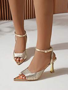 Women's Fashion Metal Shiny Gold Elegant Pointed Toe Mule Ankle Strap High Heel Sandals - Suitable For Party And Wedding Attire - Gold - View 5