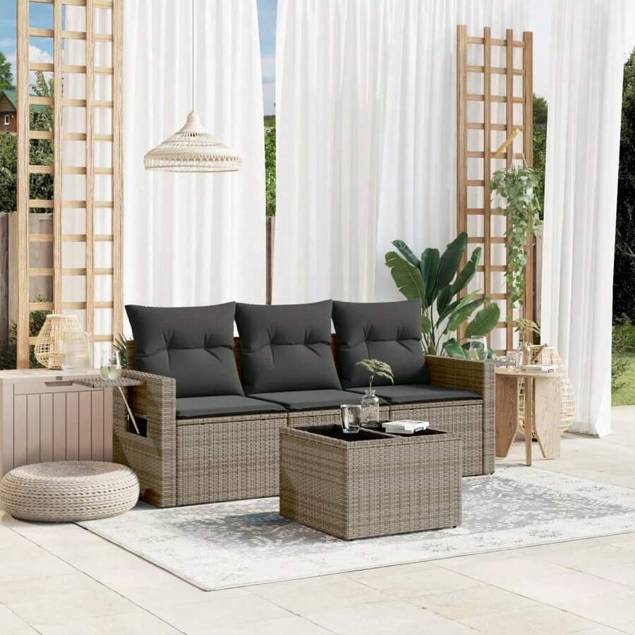 4-teiliges Gartensofa-Set mit Kissen, Kunstrattan, grau - A - Übersicht 1