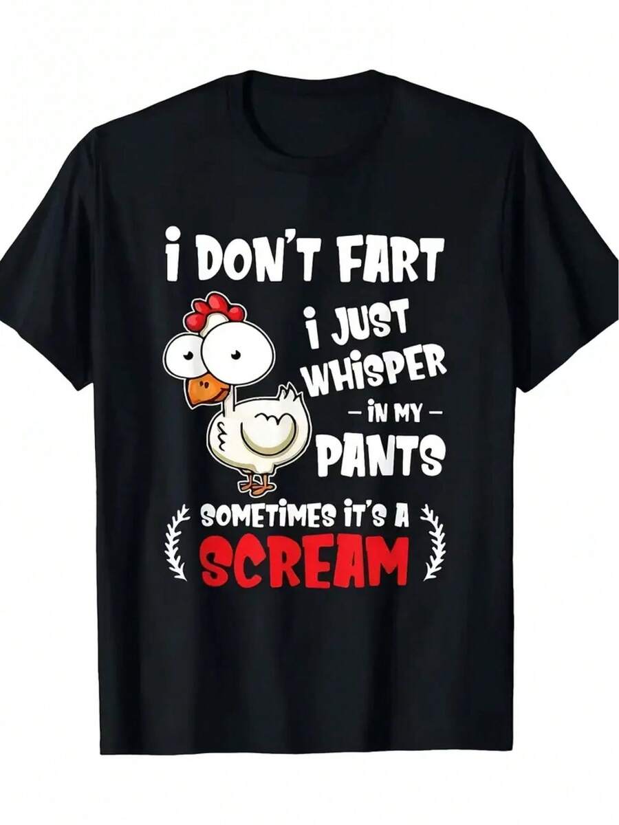 New Stylish Casual 100% Cotton Printed And Versatile Short-Sleeved T-Shirt - Funny T-Shirt For Lovers Of - I Don't Fart, I Whisper In My Pants - Machine Washable, Black, With Cartoon Print - Unisex - 黑色 - 查看 1