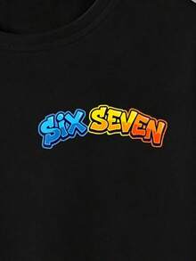 Basic Short-Sleeved T-Shirt For Pre-Teen Boys, Featuring A Cartoon-Style Slogan Graphic Print With The Number 67, In A Minimalist And Refreshing Style, Suitable For Casual Spring, Summer And Autumn Outfits - 藍色 - 查看 5
