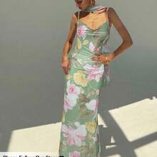 Nuevo vestido con cuello drapeado sexy con espalda descubierta, estampado de malla con flores románticas y tirantes extra largos - Albaricoque - Ver 9