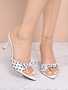 2026 Sommer Neu Weiß mit schwarzen Polka Dots Satin Schleife Spitzschuh Stiletto Absatz Mule Pantoffeln für Damen, vielseitige Pendler Schuhe - Weiss - Übersicht 5