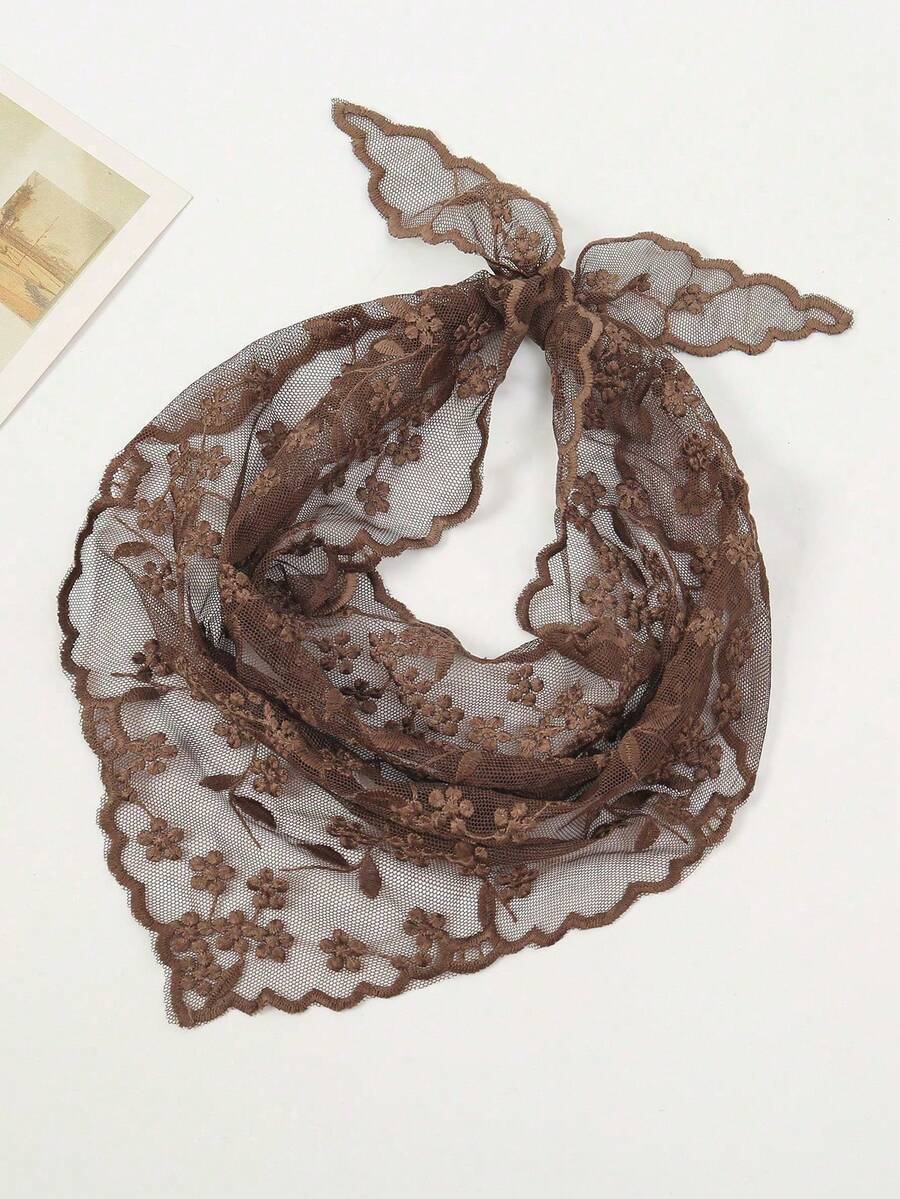 1pc Lace Floral Trim Scarf, Triangular Scarf, Bag Decor, Hair Tie - S49232 - Coffee Brown - View 1