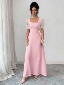 Vestido de manga corta con cuello cuadrado, decoración de lazo 3D y parches de malla - Celeste - Ver 10