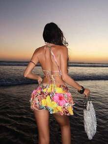 Vestido mini sexy con escote profundo con estampado de leopardo y floral para vacaciones de mujer - Rosa - Ver 11