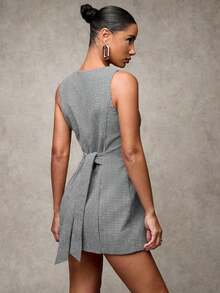 Vestido corto sencillo de mujer casual de mezcla de lana a cuadros con cuello redondo, sin mangas y con botones delanteros, adecuado para la oficina, formal y uso diario - Negro 2 - Ver 12