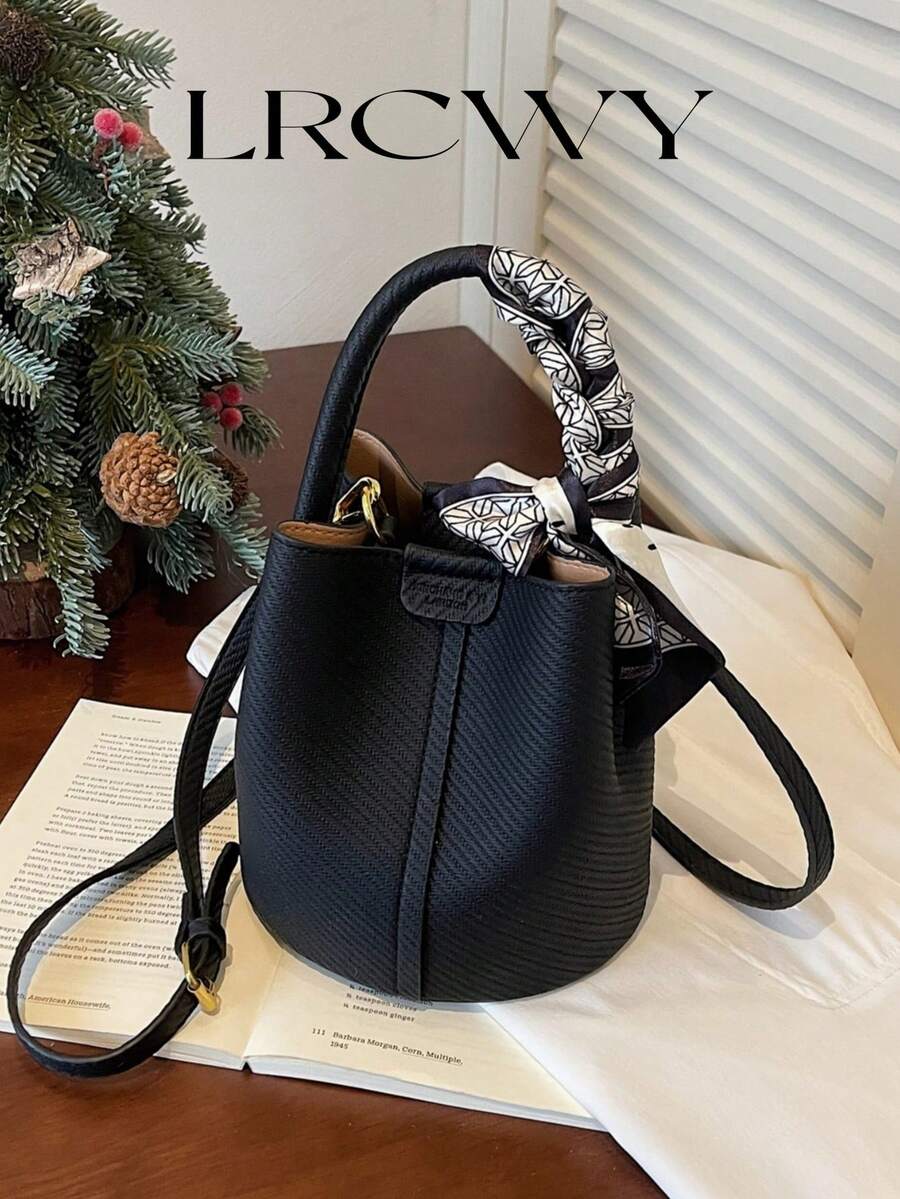 Women's Bucket Bag, Fashion Versatile Elegant Solid Color Striped Black Handbag With Scarf, Suitable For Shopping And Commuting, Small Pouch Included - Black - View 1