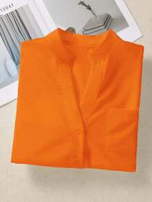 Camisa de mujer de unicolor con cuello en V y botones - Blusa casual y elegante de manga larga con detalle de bolsillo, adecuada para vacaciones, viajes y uso diario, artículo esencial para primavera, verano, otoño e invierno - Naranja - Ver 5