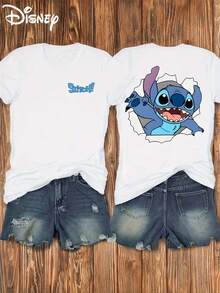 Disney Authorized Stitch Printing |     Front And Back Prints, Soft And Elastic Casual Short-Sleeved Top, Fashionable Short-Sleeved Round-Neck T-Shirt, Women's Clothing - 白色 - 查看 6