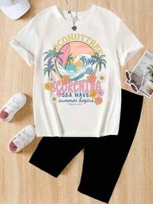Solo hay una camiseta de manga corta a la .Conjunto de Top Estampado Simple y Pantalones de Ciclismo de Color Sólido para Adolescentes, ropa de niña - Negro - Ver 7