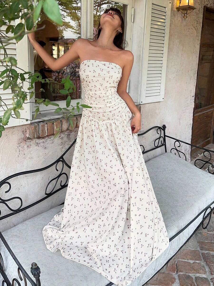 YkhahaSHEIN Vestido de verano casual, elegante y plisado de color verde pistacho sin tirantes, adecuado para vacaciones, vestido verde sin tirantes, vestido de dama de honor verdeYkhaha - Multicolor 2 - Ver 1