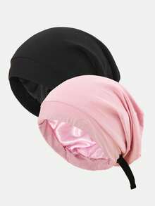 1 pieza Gorro de dormir ajustable para niños con forro de satén modal, gorro de unicolor, gorro elástico de doble capa de seda para protección del cabello por la noche y control del encrespamiento - 1PC - Ver 1