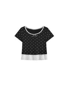 Ins French Style Gentle Polka Dot Short Sleeve T-Shirt Women Summer Cropped Design Spliced Lace Bow Elegant Top Black Casual - Black - View 6