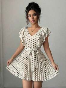 Vestido elegante y romántico para mujer con cuello en V con volantes, cintura plisada, estampado de lunares y corte evasé para vacaciones - Multicolor 5 - Ver 7
