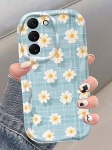1pc Cream Dopamine Wave Ruffle Soft TPU Texture Phone Case, Cute Blue Plaid Daisy Print Compatible With Galaxy S21 S22 S23 S24 S25 S26//Honor// Etc. - White - View 3