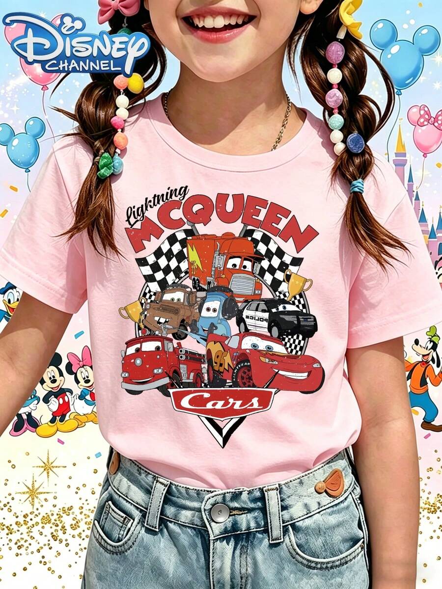 Disney T-Shirt, Short Sleeve, Made Of 100% Pure Cotton FabricGirls Short Sleeve T Shirt Pink Lightning McQueen Cars Movie Characters Print For Disney Fans Casual WearGifts Suitable For Girls - Hồng - Xem 1