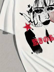 Men's Fashion Portrait Print T-Shirt, Casual Sports T-Shirt, Loose Fit Short Sleeve Black Shirt With Character Portrait. - 白色 - 查看 3