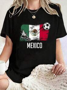 Ropa de verano unisex 100% algodón - Camiseta de manga corta con cuello redondo para mujer con estampado de la bandera de México y el equipo de fútbol mexicano - Camisetas gráficas para mujer. - Negro - Ver 1