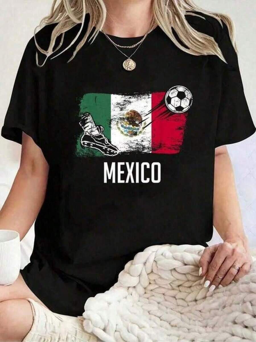 Ropa de verano unisex 100% algodón - Camiseta de manga corta con cuello redondo para mujer con estampado de la bandera de México y el equipo de fútbol mexicano - Camisetas gráficas para mujer. - Negro - Ver 1
