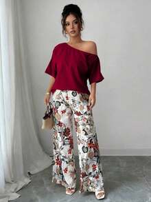 VCAY Set de 2 piezas Blusa de cuello asimétrico de color liso y Pantalones con estampado floral, conjunto casual para mujer - Burdeos - Ver 4