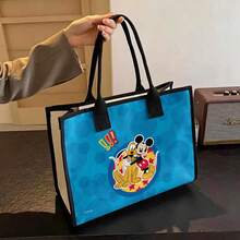 Miniso Disney Mickey Mouse & Pluto Cute Print Tote Bag, Blue Background With Pink Trim, Large Capacity, Versatile For Shopping, Commuting, School & Travel - Black - View 1