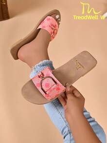 Women's Summer Metal Buckle Flat Sandals, Versatile Minimalist Lightweight Comfortable Open Toe Slippers Beach Shoes - Rose Red - View 2