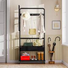 Sturdy Metal Clothes Rack With Wheels, 3-In-1 Model With Basket And Mirror, Hangers, Mobile Rack On Wheels, Spacious Wardrobe, Black, 70 X 40 X 170 Cm - 黑色 - 查看 3